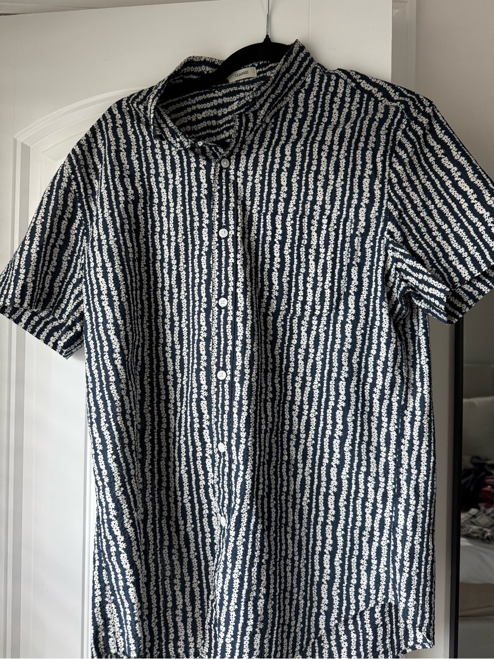 Casual Navy and White Patterned Short-Sleeve Seersucker Shirt by J. Crew